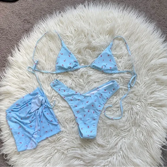 SOLY HUX 3 Piece Triangle Bikini Set with Mesh Cover Up Beach Skirt Blue Floral - Picture 9 of 11